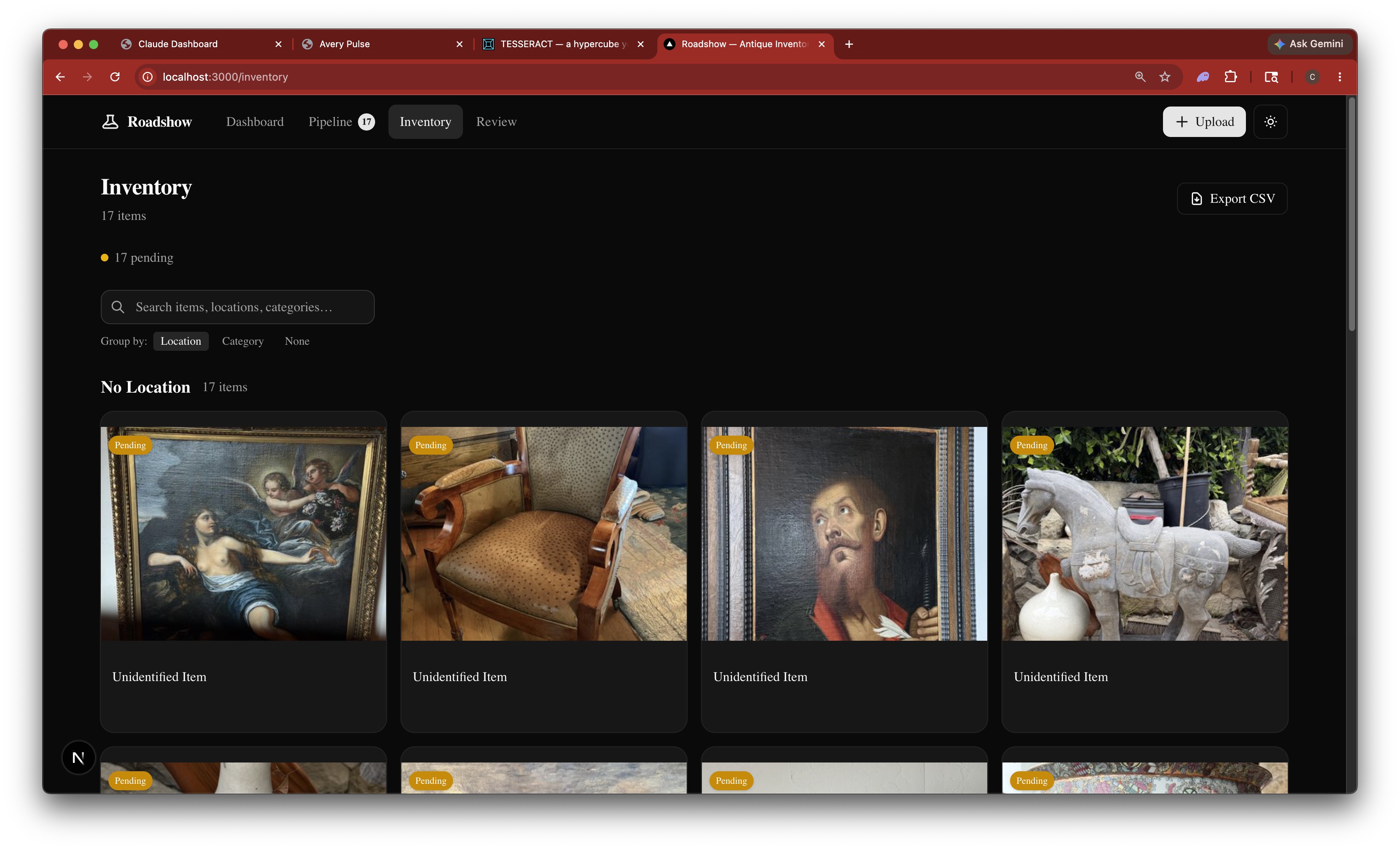 17 items uploaded, all unidentified